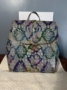 Brahmin Silver Snake-Embossed Backpack with Green, Blue & Purple Accents